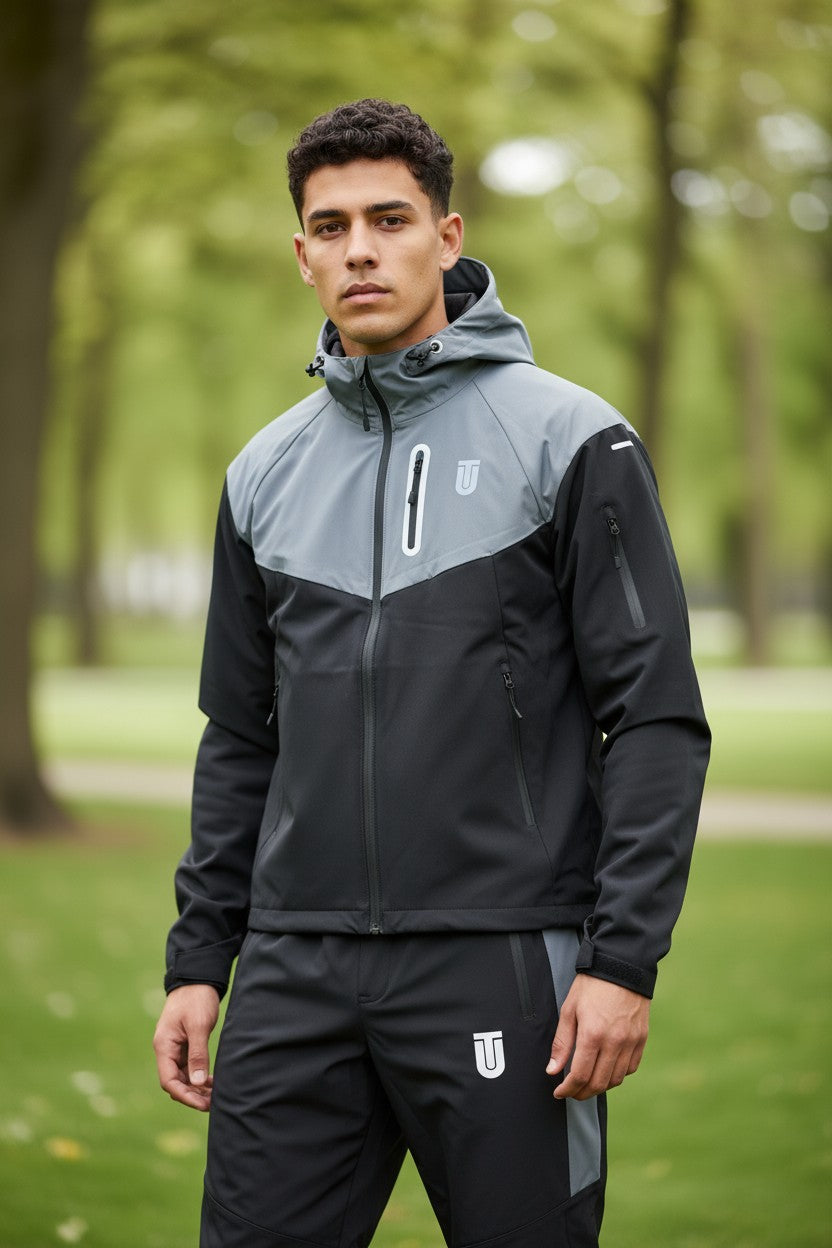 Black/ Grey Hooded Windbreaker Softshell Tracksuit