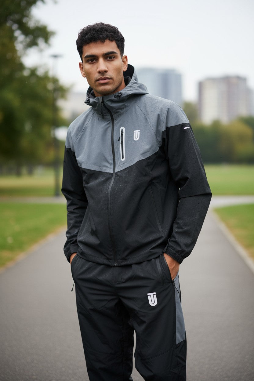 Black/ Grey Hooded Windbreaker Softshell Tracksuit